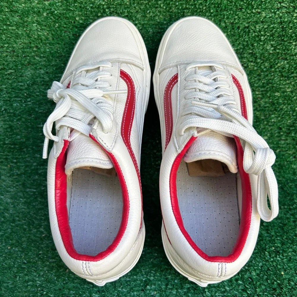 Vans Old Skool White Tumbled Leather Red Stripe Low Top Sneakers 507452 Mens 8